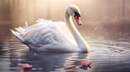 a large swan gracefully glides through a serene lake, surrounded by vibrant blooming flowers. this captivating scene, captured in a romantic soft focus and bathed in ethereal light, showcases the realistic animal portrait style of cinema4d. the elegant and emotive face of the swan is beautifully portrayed, with a keen attention to detail in the play of light and shadow. discover this mesmerizing artwork onの素材