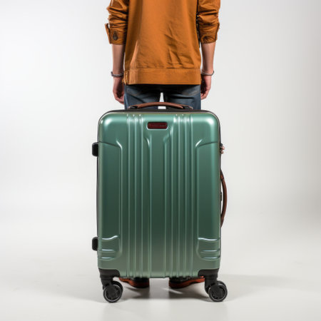 a man stands with a smooth and shiny green suitcase on wheels. the photo captures the essence of american consumer culture, with its light gray and bronze tones. the use of ferrania p30 film and back button focus adds an element of exacting precision. this image embodies the trend of trendercore. ai generatedの素材