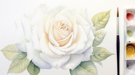a white rose painting on canvas, set against a white backdrop. this realistic watercolor-style artwork showcases detailed character illustrations with a soft, muted color palette. the piece is richly layered, featuring precise detailing and ultrafine detail in the illustration. ai generatedの素材