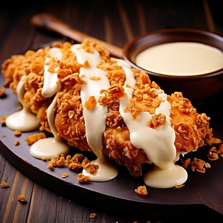 fried chicken with sauce on black background, cheese-style, sepia tone, neogeo, uhd image, associated press photo, navy and beige, solapunk. ai generatedの素材