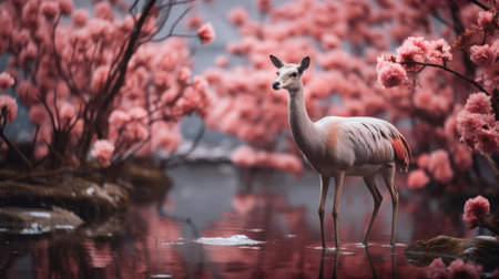 flamingo photo of canadian caribou in bokeh-filled background with perfect lighting. high resolution of at least 32k captures intricate details of majestic creatures. ai generatedの素材
