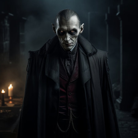 dracula, the iconic vampire, is captured in a captivating black and white photograph. the image showcases explosive pigmentation and dark, foreboding colors, reminiscent of the haunting style of anton semenov. this high-quality, uhd photo by bill gekas features a haunting composition that perfectly captures the essence of dracula. ai generatedの素材