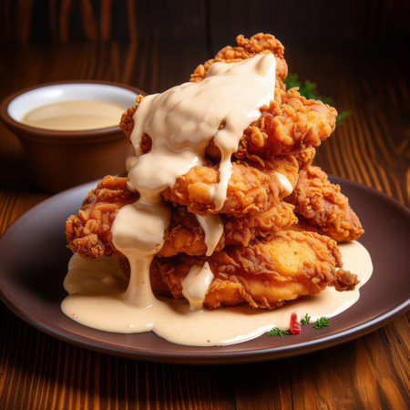 fried chicken with blue cheese and onion gravy, captured in a multilayered realism style, is showcased in this uhd image. the dark beige tones create a visually appealing contrast, while the zigzags of the dau al set pattern add a touch of intrigue. this associated press photo beautifully captures the dark white and orange hues of the dish. ai generatedの素材