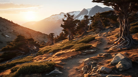 a majestic pine tree path winds its way along a breathtaking mountain at sunset, evoking the grandiloquent landscapes of historical imagery. this captivating scene showcases a deconstructed landscape with a naturalist aesthetic, perfect for those seeking adventure and a connection with nature. ai generatedの素材
