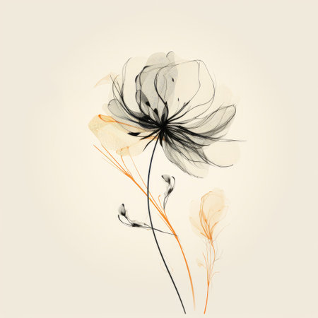 a vector illustration of a flower on a beige background, featuring a juxtaposition of hard and soft lines in the style of dark black and light amber. the serene watercolors add transparency and lightness to the image, while the free-flowing lines give it a whimsical melancholy. the overall composition exudes a sense of calligraphic elegance. ai generatedの素材