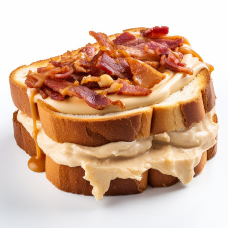 a photo of a bacon peanut butter dipped croissant and caramel, showcasing its multilayered and innovative style. the image captures the precisionist lines inspired by artist jeff legg, while infusing social commentary. with a perfect blend of humor and heart, this culinary creation is a true masterpiece. ai generatedの素材
