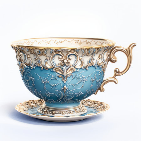the 3d model tea cup ww070 is a stunning piece of art created by heather theurer. it features elegant and intricate patterns in a light gold and azure color scheme. the cup is adorned with dark turquoise and light white victorian-inspired illustrations. the white background beautifully highlights the craftsmanship of this tea cup, as captured by matthias haker. ai generatedの素材