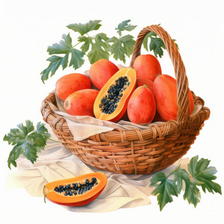 a vibrant portrait of tropical fruits displayed in a tropical wicker basket. the artwork is created in the style of detailed botanical illustrations, showcasing the light orange and red hues of the fruits. the composition evokes a sense of archaeological objects with brushstroke fields, while also incorporating elements of hyper-realistic animal illustrations, historical illustrations, and isometric perspectives. ai generatedの素材