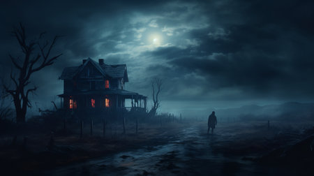 a haunted house wallpaper featuring a realistic depiction of a dark sky-blue and gray scene. this halloween-themed wallpaper captures the essence of a creepy, narrative-driven visual storytelling with its expressionist imagery. inspired by 19th-century american art, it portrays a haunted house in a rural setting, creating a chilling atmosphere perfect for those who enjoy creepypasta and spooky aesthetics. ai generatedの素材