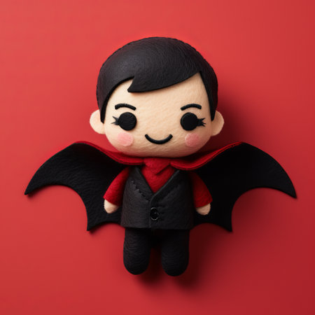 draculaoblip, a small vinyl doll, is a handmade creation inspired by the style of yosuke ueno. this high-quality photo showcases the doll against a matte background, giving it an isometric perspective. created by qiu shengxian, a specialist in object portraiture, this felt creation is a unique and eye-catching piece. ai generatedの素材