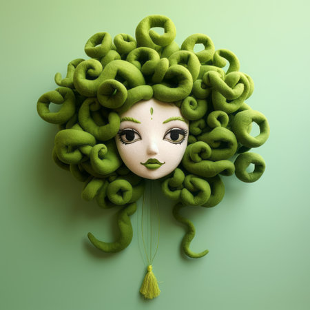a green wig and a head of hair with large curls, in the style of photorealistic surrealism, are featured in this unique artwork. the wig and hair are made of vines, giving them a toy-like appearance, while the intricate ceramic and felt creations add a touch of luxury. this illustration showcases the artist's talent for blending different materials and styles in a visually captivating way.の素材