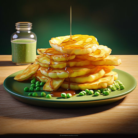 a stack of peas on a plate, captured in a photorealistic fantasy style using kimoicore and soggy techniques. this digital artwork showcases the vibrant green and amber colors of the peas. created with the canon eos 5d mark iv and enhanced with zbrush. ai generatedの素材