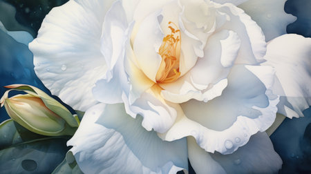 a white flower, with realistic and hyper-detailed renderings, gazes downward against a blue background. the soft, romantic landscapes enhance its beauty, while the light gray and amber tones create a richly layered and photorealistic rendering. the hyper-realistic water adds to the dramatic splendor of the scene. ai generatedの素材