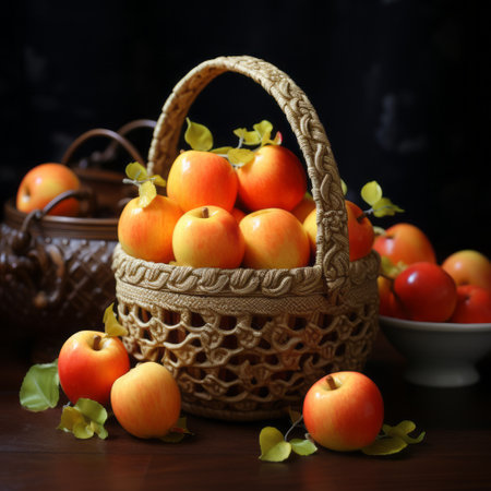 basket of colorful apples: this photo showcases a basket brimming with a variety of vibrant apples in shades of red, yellow, green, and white. the composition is reminiscent of traditional japanese artistic techniques, with a dark sky-blue and dark orange backdrop. captured using a samyang af 14mm f2.8 rf lens, the image features a harmonious blend of light silver and light orange tones. created withの素材