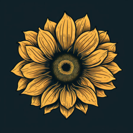 a single yellow sunflower stands out against a black background in this detailed ink illustration. the golden age-inspired style showcases dark gray and bronze tones, while the fisheye lens adds a unique perspective. the woodcut-inspired graphics and linear illustrations create a captivating visual experience. ai generatedの素材