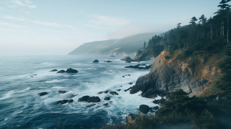 coastal road above gulf edge with atmospheric and dreamy style, showcasing naturalistic ocean waves. captured using sony fe 35mm f/1.4 za lens, this photograph embodies the essence of the northwest school with its romantic riverscapes. the gray and blue tones create a serene ambiance, perfectly capturing the beauty of outdoor scenes. ai generatedの素材