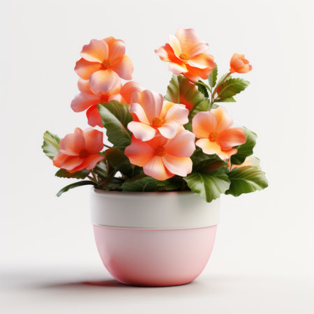 an orange flower in a pot is captured in this close-up image, showcasing luminous 3d objects. the porcelain-like texture and realistic rendering enhance the delicate modeling of the pink petals. this artwork, created by mike campau, beautifully utilizes light and shadow to create a visually stunning composition. ai generatedの素材