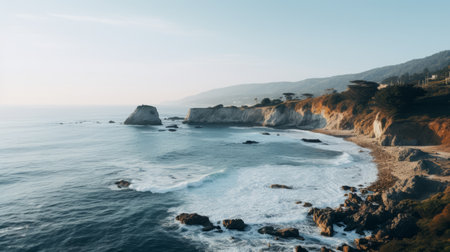 coastal landscape featuring a rocky shore and ocean waves, captured in the y2k aesthetic style reminiscent of kodak plus-x film. this documentary travel photograph showcases the beauty of the san francisco renaissance, with secluded settings and a color palette of light teal and white. emerson silva's artistic vision brings this stunning scenery to life. ai generatedの素材