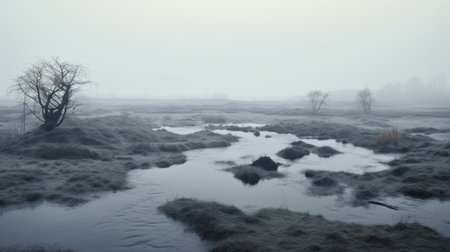 a frozen stream with trees emerges from the fog, resembling a serene lake. this dutch landscape, captured in the style of hasselblad h6d-400c, showcases textured and organic landscapes. the photograph by philippe druillet exudes a tranquil and pastoral atmosphere, with a color palette of dark silver and light cyan. shot on 70mm, it captures the beauty of nature in a captivating way. ai generatedの素材