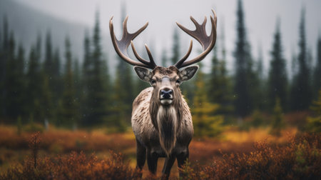 grizzly bear photo of canadian caribou in bokeh-filled background, captured in perfect lighting. high resolution of 32k ensures intricate details of majestic creatures. ai generatedの素材