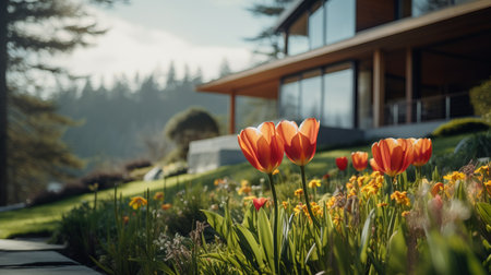 art deco architecture photography of sleek hillside house design by olson kundig. close-up shot of a blurred tulip in the foreground adds depth to the composition. shot in 8k from a cinematic perspective, with professional color grading and epic volumetric lighting. the sharp focus, film grain, and atmospheric ambiance create a captivating atmosphere. captured using a sony alpha a7 iii camera with a sony feの素材