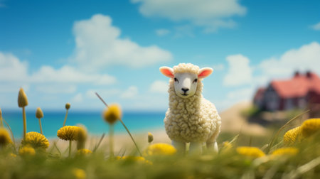 a sheep stands gracefully on the lush green grass, overlooking the vast expanse of the ocean. this captivating image, rendered in cinema4d, showcases a cute and dreamy atmosphere. the naturalistic depiction of flora and fauna adds to its charm. with elements of snailcore and wimmelbilder, this simple yet mesmerizing scene is presented in stunning 8k resolution. ai generatedの素材