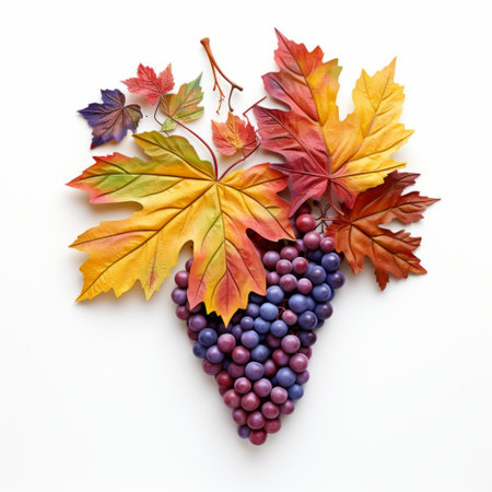 grapes on a white background with leaves and grapes, in the style of nature-inspired installations. this dark magenta and orange associated press photo showcases found-object art, resembling a national geographic photo. the grapes are arranged on a shaped canvas, creating a visually striking composition with maroon and blue hues. ai generatedの素材