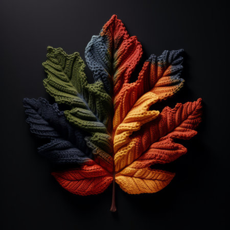 a leaf-inspired design with a knitted and crocheted style, showcased as a photo print on a black background. this hyper-realistic sculpture captures warm color palettes and colorful melancholy. the sculpted and detailed illustrations exhibit a sense of detailed perfection. ai generatedの素材