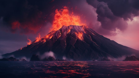 a stunning 8k photograph capturing a mountain fire on acid descending into the ocean. this hyper-detailed rendering showcases dark and moody landscapes with spiky mounds. the composition is truly eye-catching, revealing the beauty of this mesmerizing scene. ai generatedの素材