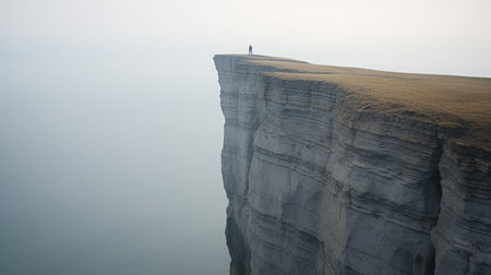 a person stands on the edge of a cliff, overlooking a fog-covered landscape. this captivating photo captures the essence of danish design, with its focus stacking technique and grandeur of scale. the muted seascapes add a sense of tranquility, while the creased, aerial perspective enhances the flatness of the surface. ai generatedの素材