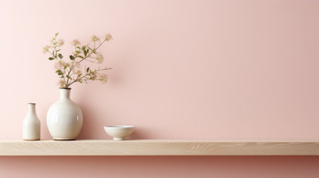 a shelf adorned with pink vases and a delicate flower, showcasing a minimalist background. this serene and calming image, captured in 8k resolution, features a warm color palette with subtle hues. the eye-catching detail and traditional color scheme make this photo a captivating addition to any collection. ai generatedの素材