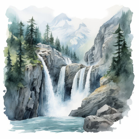 watercolor illustration of a whistlerian-style waterfall, featuring tall trees and soft, tonal colors. this realistic landscape showcases a serene scene with shades of gray and aquamarine, capturing the beauty of nature in a tranquil setting. ai generatedの素材