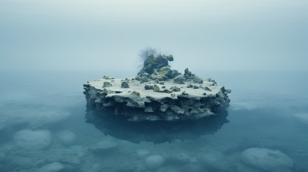 a minimalist surrealistic 3d image featuring a boat perched on a rocky island amidst ocean waters. the artwork showcases misty elements, spiky mounds, and conceptual installations, all inspired by nature. the photo has a dissolving effect and a matte finish, adding to its unique and captivating aesthetic. ai generatedの素材