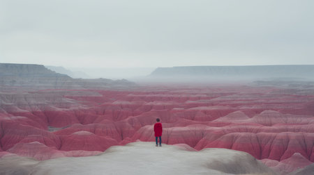 a man stands on a red desert, surrounded by illusory landscapes in pink and gray hues. the photo captures the stunning beauty of the scene, resembling the work of a landscape painter. the use of the samyang af 14mm f2.8 rf lens enhances the depth and detail of the image. this captivating photo showcases the concept of prairiecore and the impact of life-sized installations. aiの素材