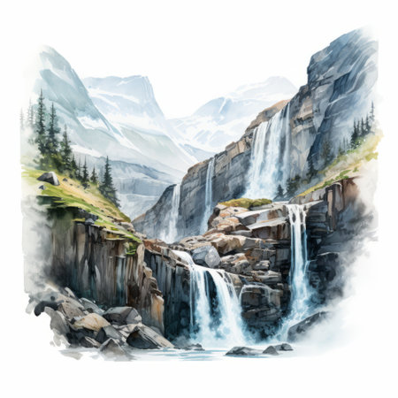 a watercolor sketch of a mountain waterfall on a glacier, showcasing realistic and hyper-detailed renderings. this hazy landscape captures the beauty of nature, reminiscent of the works of whistlerian and leonid afremov. the painting portrays an environmental portrait, highlighting the serene yet powerful presence of the waterfall amidst decaying landscapes. ai generatedの素材
