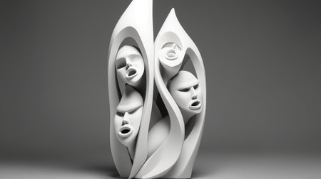 a white sculptural figure facsimile sculpture, created in cinema4d, showcases a chaotic arrangement of caricature faces. this decorative vessel captures trapped emotions through serene faces, forming a captivating spiral group. ai generatedの素材
