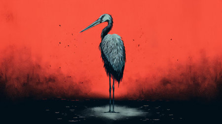 a heron stands in the water, adorned with blue paint on its sides. the artistic style of this editorial illustration combines light red and dark gray tones, creating a visually striking image. the painting technique used gives the impression of dripping paint, with elements of pseudo-infrared and scientific illustrations. the overall effect is a unique blend of pigeoncore, pulled, scraped, and scratched textures. ai generatedの素材