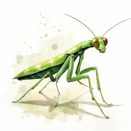 green praying mantis depicted in a watercolor style using brush strokes. the illustration showcases intricate details, resembling character illustrations with a touch of iconic pop culture caricatures. the hyper-realistic portrayal of the mantis captures its essence, while the strong facial expression adds depth. inspired by the works of mars ravelo, this illustration is a testament to the artist's skill. rtx on. ai generatedの素材