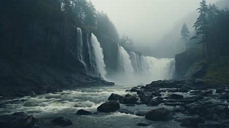 a misty waterfall cascades through a lush forest, surrounded by rocks. the atmosphere exudes a dystopian vibe, reminiscent of bertil nilsson's photography. the soft atmospheric perspective enhances the expansive landscape, creating a misty gothic scene with dark green and gray tones. ai generatedの素材