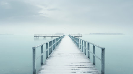 snowy pier leading to a serene lake surrounded by a pristine white landscape. this minimalist photograph captures the ethereal beauty of a winter scene, with its light gray tones and hints of dark aquamarine. inspired by the artistic styles of helene knoop and andreas franke, this image was taken using a fujifilm gw690iii camera. reminiscent of the works of die brucke and sea and coastの素材
