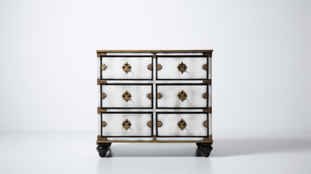 a 4k resolution image showcasing a chic and simple iron chest of drawers piece with an italian aesthetic. the piece features a white background, highlighting its elegant design. views from the side and front provide a comprehensive look at this stylish furniture item. ai generatedの素材