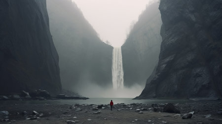 a man stands in a rocky area near a waterfall, surrounded by a misty atmosphere. the photo captures the minimalist monochromatic landscape in shades of red and gray. it reflects the influence of the dusseldorf school of photography, pixelated landscapes, japanese photography, and psychological phenomena illustrations. ai generatedの素材