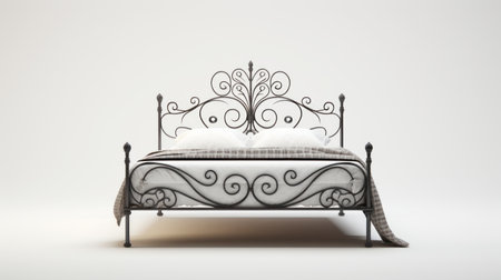 a chic and elegant iron bed piece with a simple design is showcased in this 4k resolution image. the bed piece features an italian aesthetic and is displayed from both the side and front views. the white background enhances the beauty of this stylish furniture item. ai generatedの素材