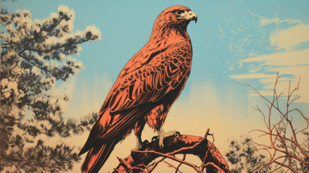 a red owl perched on a branch, depicted in a historical imagery style with dark gold and sky-blue tones. the artwork showcases screen printing techniques and hyper-realistic animal illustrations. the image evokes iconic civil rights imagery and idealized native americans, with trompe-l'oeil illusionistic details. ai generatedの素材