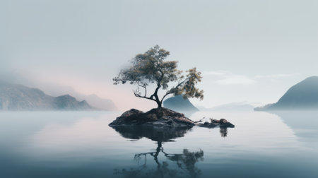 a rocky island stands amidst serene waters, adorned with a solitary tree and surrounded by majestic mountains. this ethereal minimalist composition captures the essence of traditional british landscapes. with its soft and dreamy depictions, the 8k resolution image showcases the beauty of light blue and dark aquamarine hues. the reflections add an enchanting touch to this uhd masterpiece. ai generatedの素材