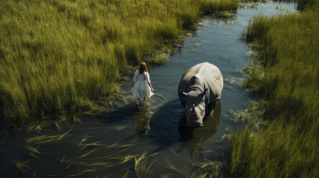 elizabeth walking through a marsh with a rhinoceros following, showcasing the natural beauty of the surroundings. high-angle perspective and wide-angle lens capture the connection between elizabeth and nature. the playful presence of the rhinoceros adds an intriguing element to the composition. ai generatedの素材