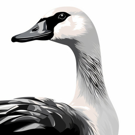 a black and white drawing of a goose head, featuring a realistic color scheme with flat, limited shading. the artwork showcases dark white and light beige tones, creating a hyperrealistic portrayal of wildlife. with bold character designs and a resolution of 20 megapixels, this romantic illustration captures the essence of the goose's beauty. ai generatedの素材
