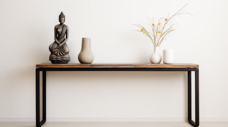 an empty console table adorned with two candles and several bowls, showcasing the influence of zen buddhism. the design embraces anti-clutter and minimalist principles, featuring clean and streamlined aesthetics. primitive figurines add a touch of simplicity, while the soft focal points create a serene ambiance. the color palette of white and brown complements the large canvas sizes, enhancing the overall zen-inspired atmosphere. ai generatedの素材