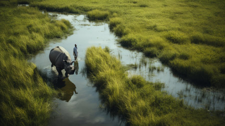 elizabeth walking through a marsh with a rhinoceros following, showcasing the natural beauty of the surroundings. high-angle perspective and wide-angle lens capture the connection between elizabeth and nature. the playful presence of the rhinoceros adds an intriguing element to the composition. ai generatedの素材