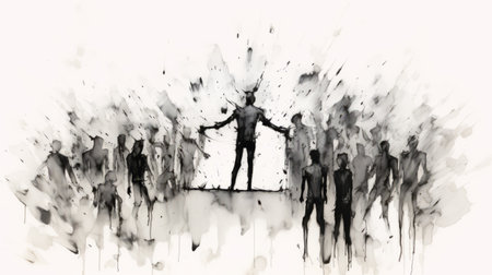one of many people standing between black dots, depicted in a black print resembling ink wash paintings. the distorted and exaggerated human figures symbolize humanity's struggle. this aggressive digital illustration, created using mixed media, showcases a suspended and hanging concept art marvel. ai generatedの素材